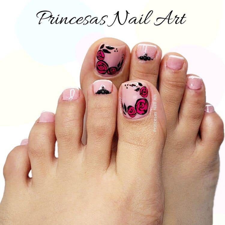 26 Nails Unas de Pies Decoradas Rosas con Flores rojas y pedreria pequena negra