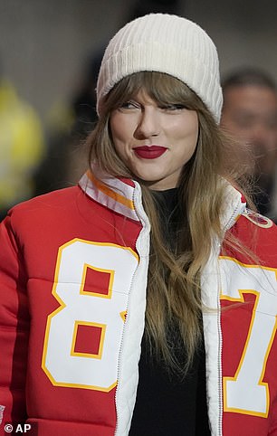 She was seen wearing a puffer jacket that had 'Kelce 87' emblazoned on it