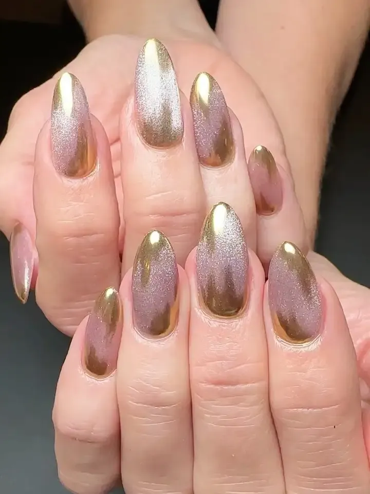 Silver cat eye nails with gold.