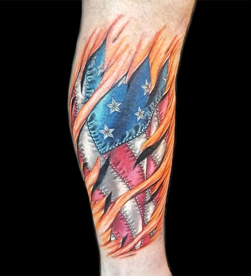 3D American Flag Leg Tattoo