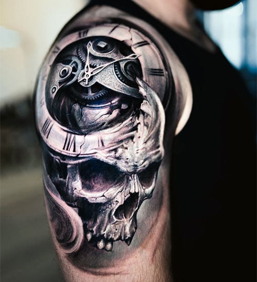 3D Clock Skull Shoulder Tattoo