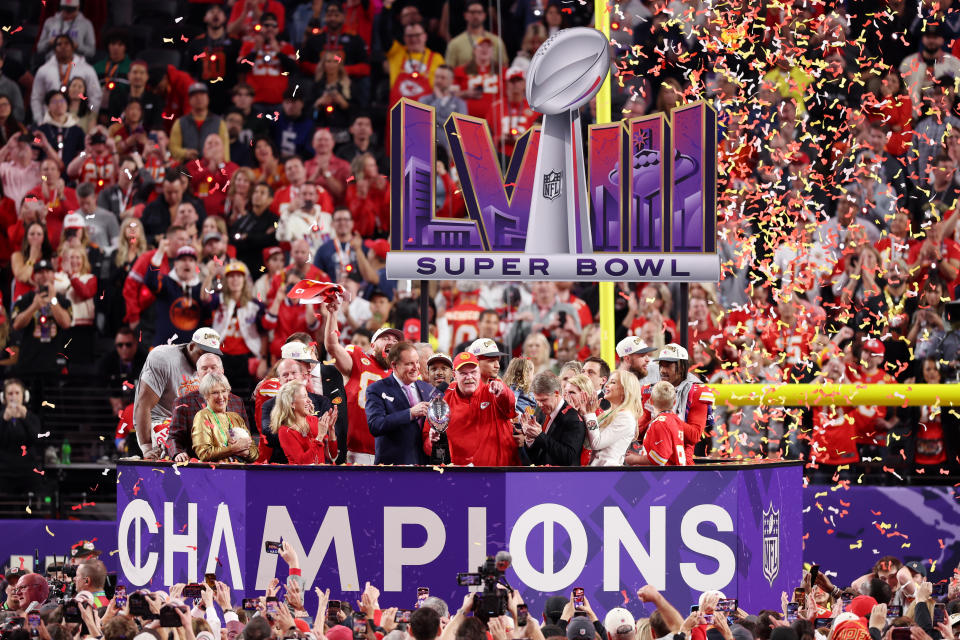 LAS VEGAS, NEVADA - FEBRUARY 11: Head coach Andy Reid of the Kansas City Chiefs holds the Lombardi Trophy after defeating the San Francisco 49ers 25-22 in overtime during Super Bowl LVIII at Allegiant Stadium on February 11, 2024 in Las Vegas, Nevada. (Photo by Steph Chambers/Getty Images)