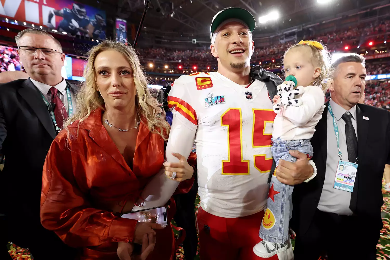 Patrick Mahomes #15 of the Kansas City Chiefs celebrates with his wife Brittany Mahomes and daughter Sterling Skye Mahomes after the Kansas City Chiefs beat the Philadelphia Eagles in Super Bowl LVII at State Farm Stadium