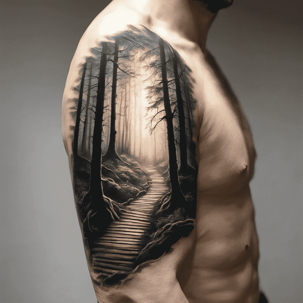 A detailed forest scene tattoo on a person's arm, featuring tall trees and a pathway leading into the mist.