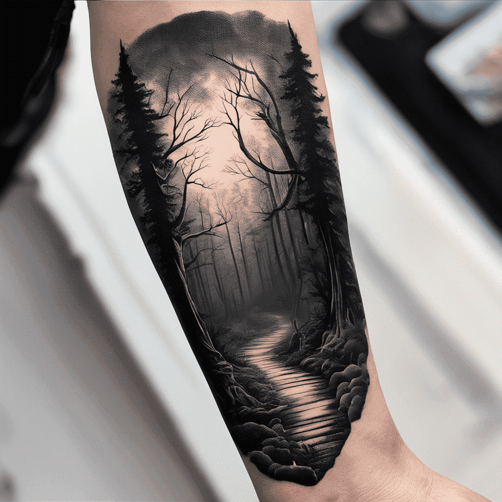 Alt text: A detailed black and gray tattoo of a forest scene with trees and a path is inked on a person's forearm, showcasing an artistic and realistic woodland landscape.