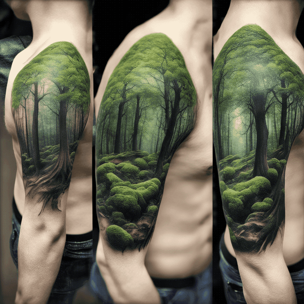 Three views of a detailed forest scene tattoo on someone's arm, showcasing lush trees and moss-covered grounds.