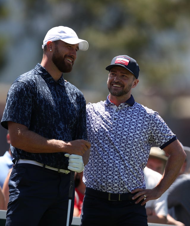 Musician Justin Timberlake, right, and NFL athlete Travis Kelce, talk on the third hole during round one of the American Century Championship at Edgewood Tahoe South golf course on July 9, 2020 in South Lake Tahoe, Nevada.