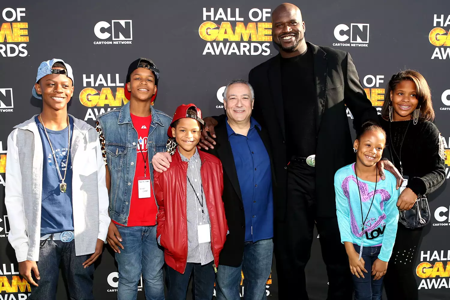 (L-R) Myles O'Neal, Shaqir O'Neal, Shareef O'Neal, President/COO of Cartoon Network, Stuart Snyder, host Shaquille O'Neal, Me'arah O'Neal and Taahirah O'Neal attend the Third Annual Hall of Game Awards hosted by Cartoon Network at Barker Hangar on February 9, 2013 in Santa Monica, California.