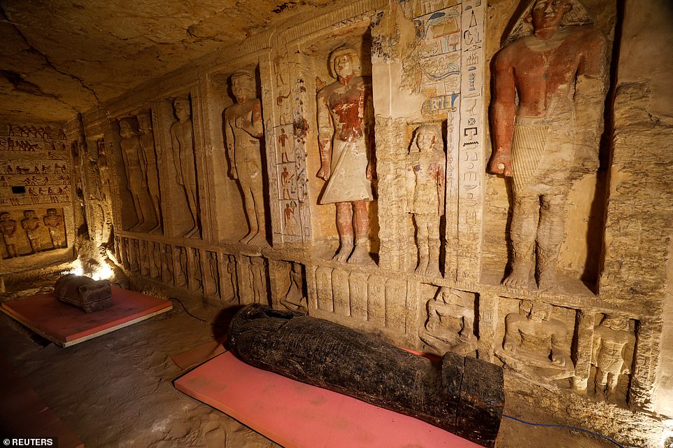 Around 40 of the 59 coffins discovered at the site near Egypt's Saqqara necropolis were put on display to the media, with the others being stored ahead of being displayed in a museum