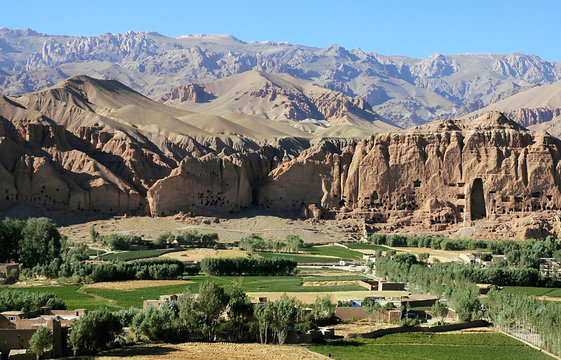 Bamyan (Bamiyan) in Central Afghanistan. This is a view over the Bamyan ( Bamiyan) Valley showing the small Buddha niche in the cliff. The Buddhas were destroyed by the Taliban. UNESCO site Afghanistan
