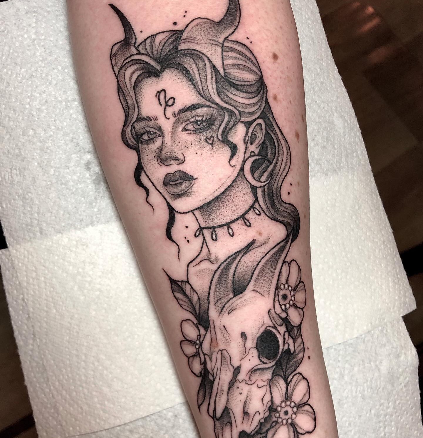Capricorn Goddess tattoo located on the inner forearm