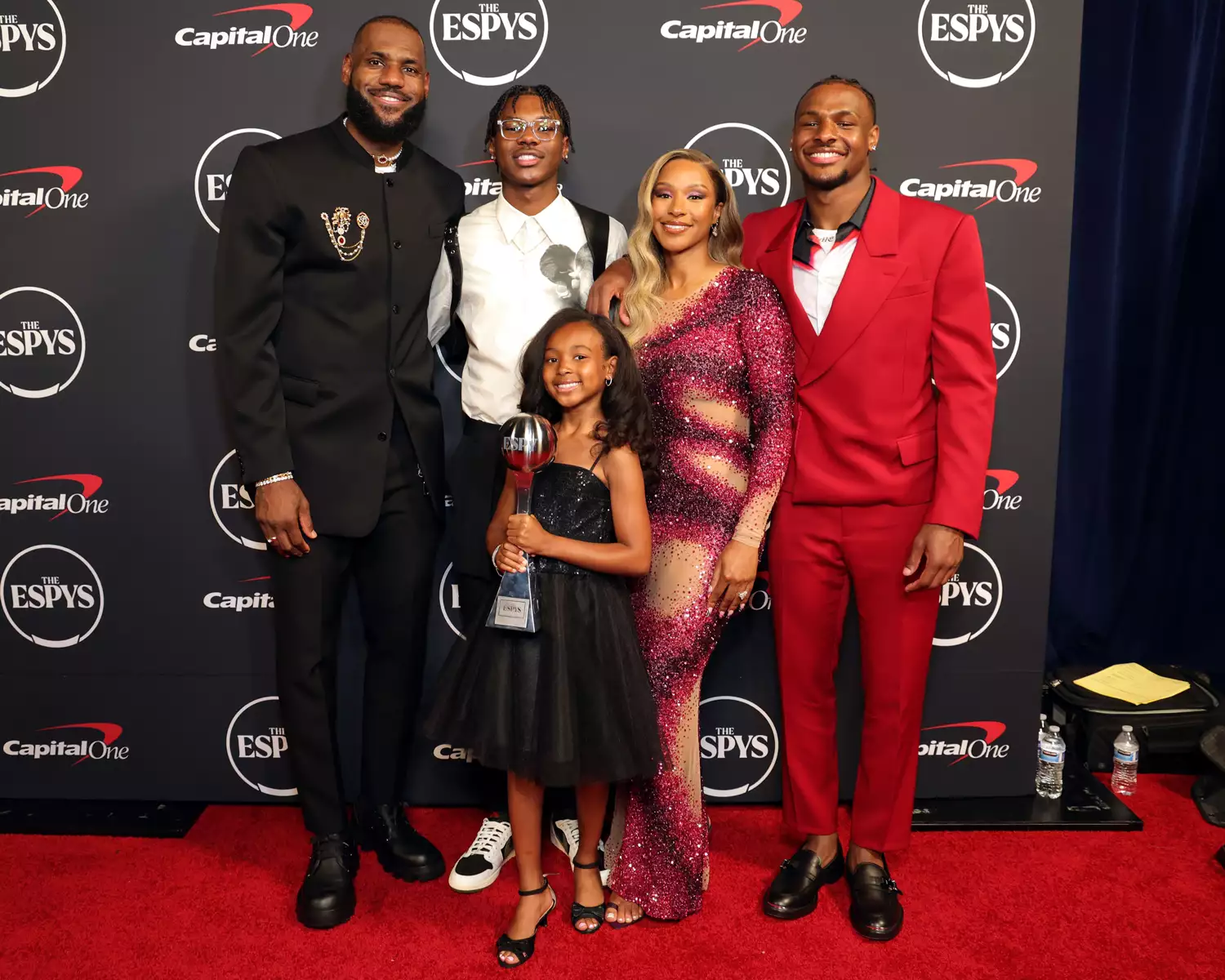 LeBron James, winner of Best Record-Breaking Performance, Bryce James, Zhuri James, Savannah James, and Bronny James attend The 2023 ESPY Awards at Dolby Theatre on July 12, 2023
