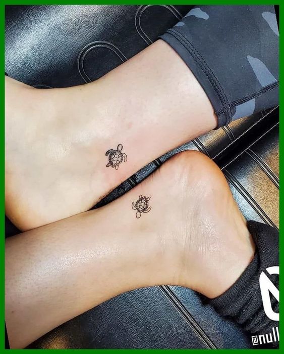 Tiny sea turtle couple tattoo on the ankle