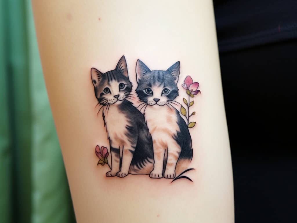 two cats tattoo flowers