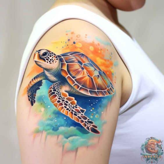 Watercolor style turtle tattoo on the upper arm