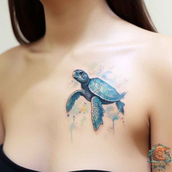 Watercolor style sea turtle tattoo on the chest