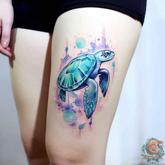 Watercolor style sea turtle tattoo on the left thigh