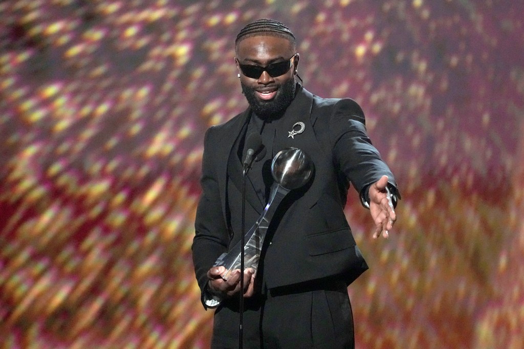 Jaylen Brown of the Boston Celtics speaks after receiving the Best Championship Performance award at the ESPY awards, Thursday, July 11, 2024, at the Dolby Theatre in Los Angeles.