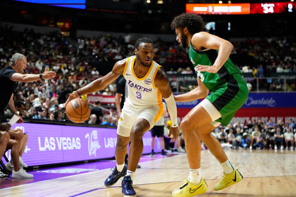 Bronny James (9) dribbles the ball against the Celtics on July 15, 2024.