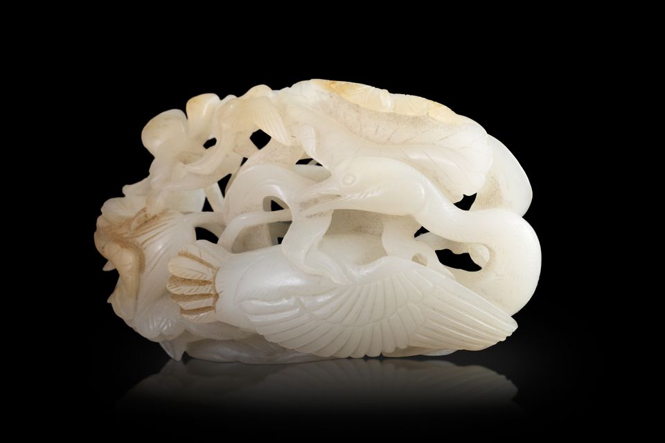 A reticulated white jade ‘egrets and lotus’ group sold for €34,000 recently