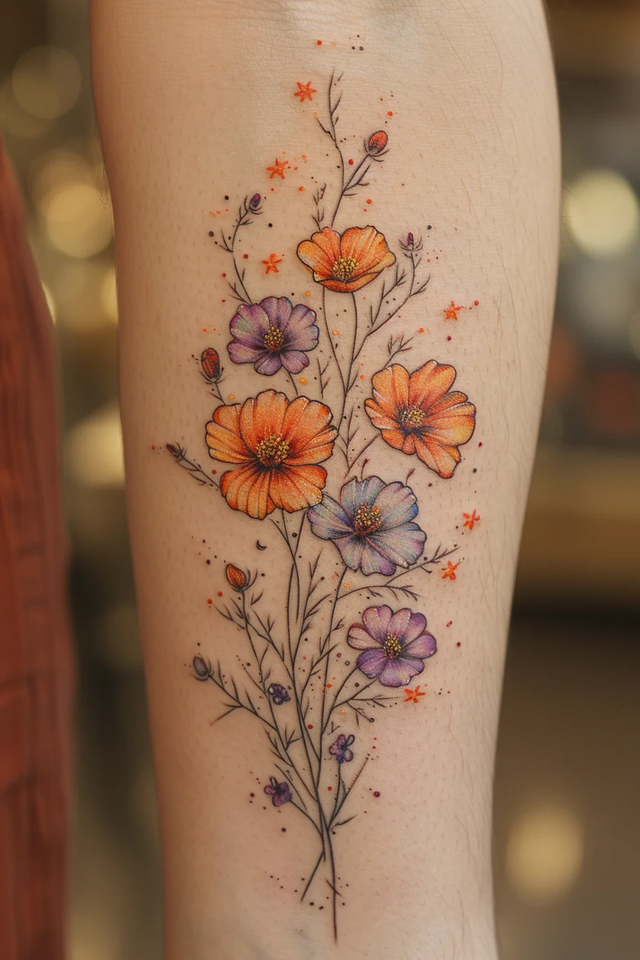 Orange and purple flowers are beautifully arranged in a delicate and elegant design. The soft shading and intricate details of each petal create a lifelike appearance. Tiny buds and leaves add to the overall charm, while subtle orange and purple accents in the background enhance the tattoo's graceful and feminine look.