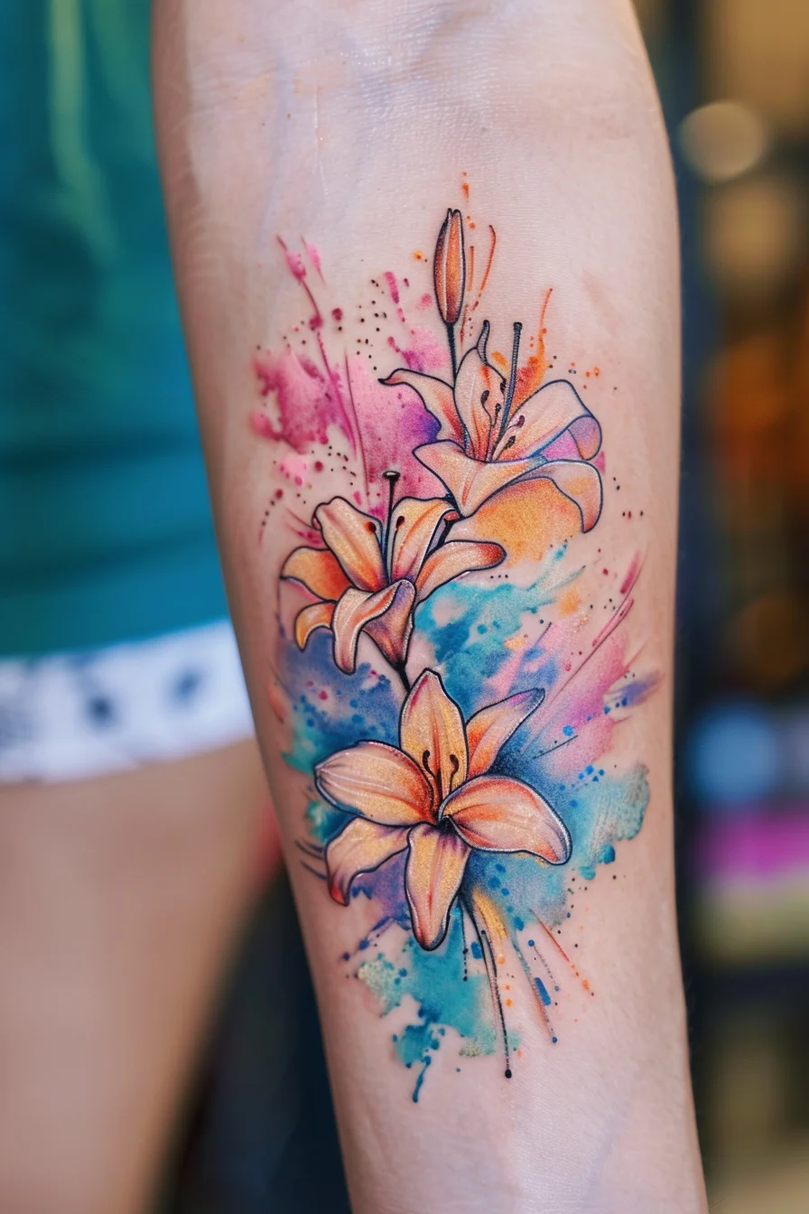 A vibrant and dynamic tattoo showcases orange lilies complemented by a colorful watercolor background. The lilies are intricately detailed, with each petal shaded to create a realistic look. Splashes of pink and blue in the background add depth and contrast, enhancing the beauty of the flowers.