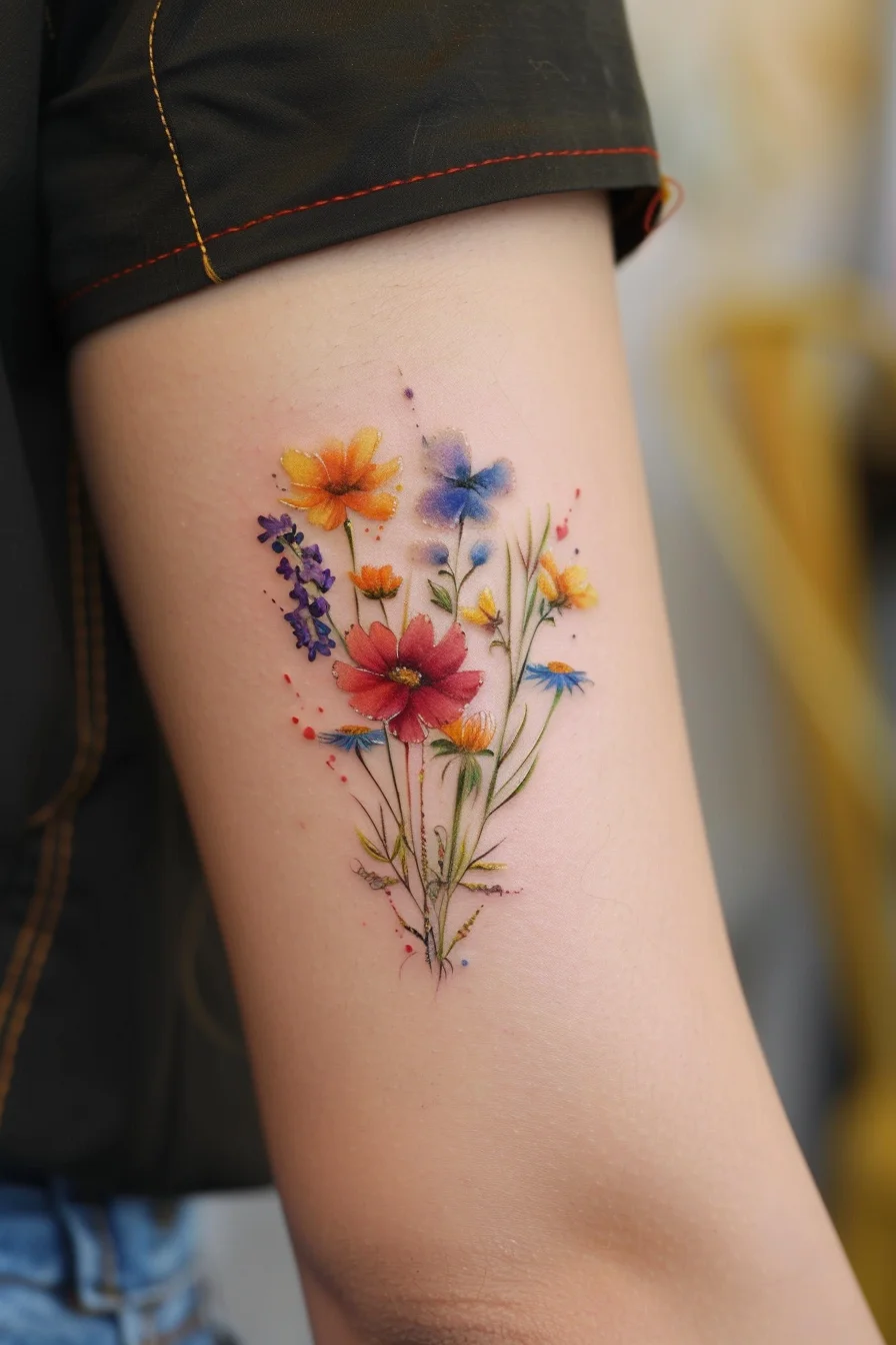 A charming bouquet of wildflowers features a mix of red, orange, blue, and purple blooms. Each flower is carefully detailed, with vibrant colors that pop against the skin. The arrangement includes various flower types, creating a lively and diverse composition that exudes a natural and fresh feel.