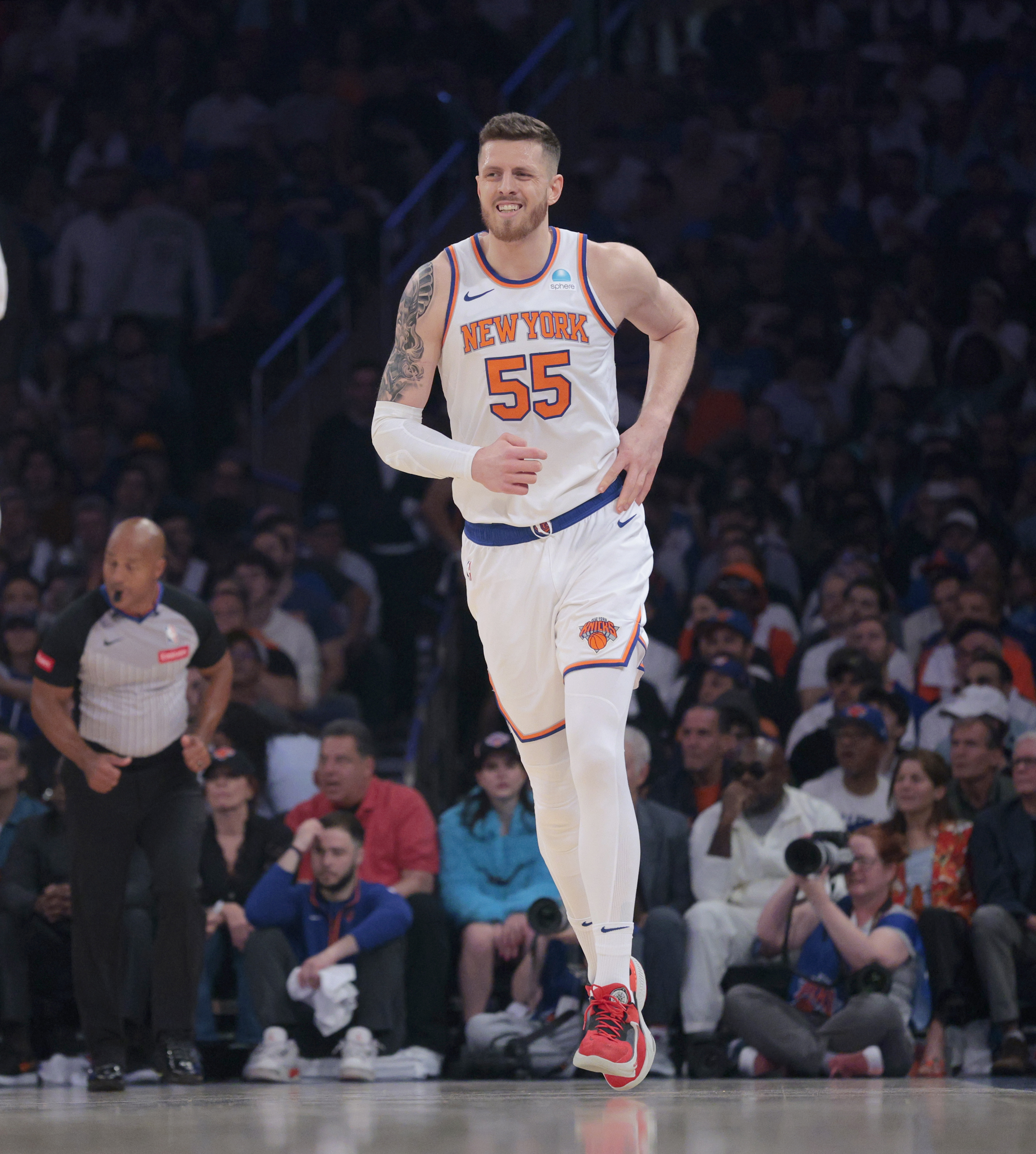 Knicks center Isaiah Hartenstein #55 is all smiles as he runs down court after scoring during the first quarter of Game 7 against the Pacers in the second round of the playoffs on May 19, 2024.
