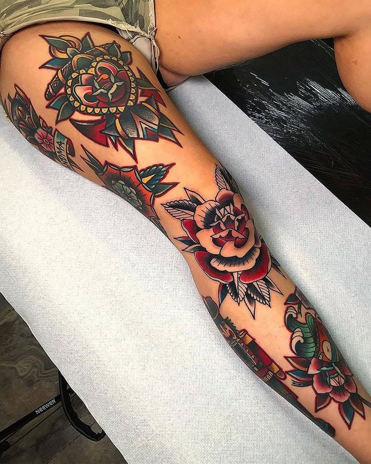 red roses along leg