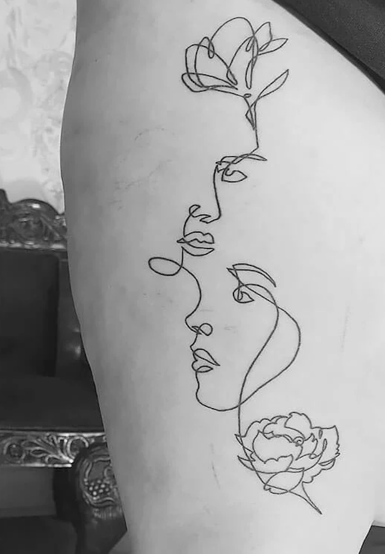 line work face with roses