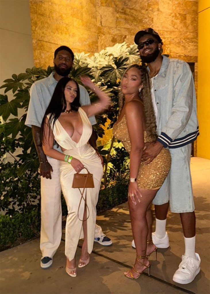 (L-R) Paul George and his wife, Daniela Rajic and Karl-Anthony Towns, and his girlfriend Jordyn Woods in Las Vegas.