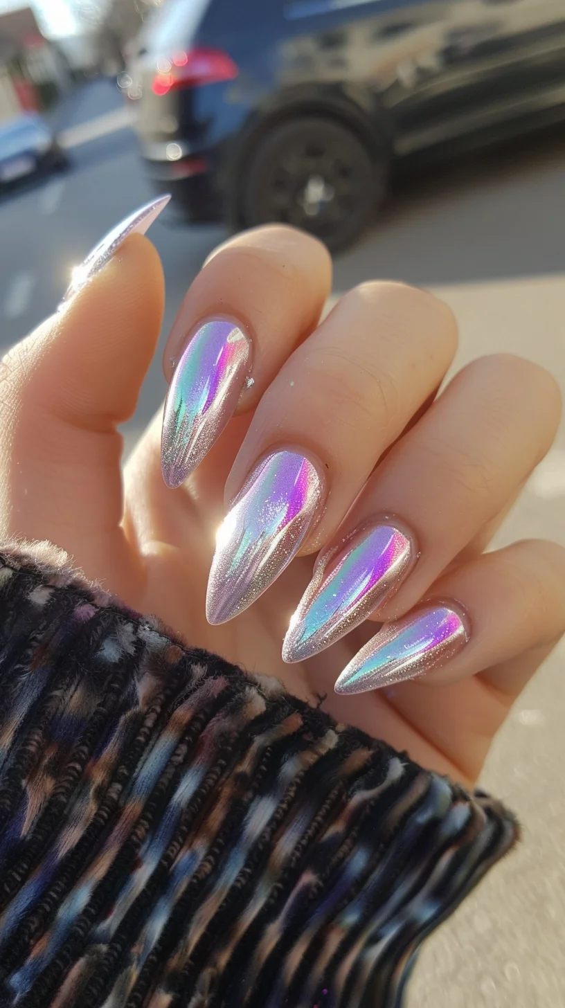 This stunning chrome nail design features a mesmerizing blend of vibrant colors transitioning seamlessly from pink to blue. The high-shine, reflective surface creates a captivating mirror effect, making the nails look like a piece of art. Perfect for adding a bold and futuristic touch to your style.