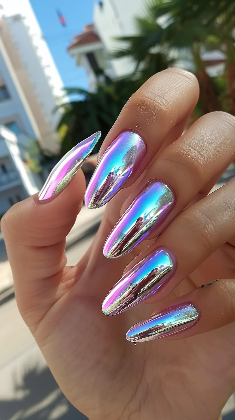 This eye-catching chrome nail design features a captivating blend of pink and blue hues, creating a mesmerizing gradient effect. The high-shine, reflective finish adds a touch of glamor, while the almond shape gives a sophisticated and modern look, perfect for making a bold style statement.