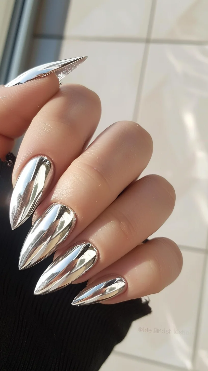 These nails boast a striking silver chrome finish, delivering a sleek and futuristic vibe. The sharp, stiletto shape enhances the dramatic effect, while the highly reflective surface ensures a mirror-like shine. Ideal for those who love a bold and edgy manicure that stands out in any crowd.