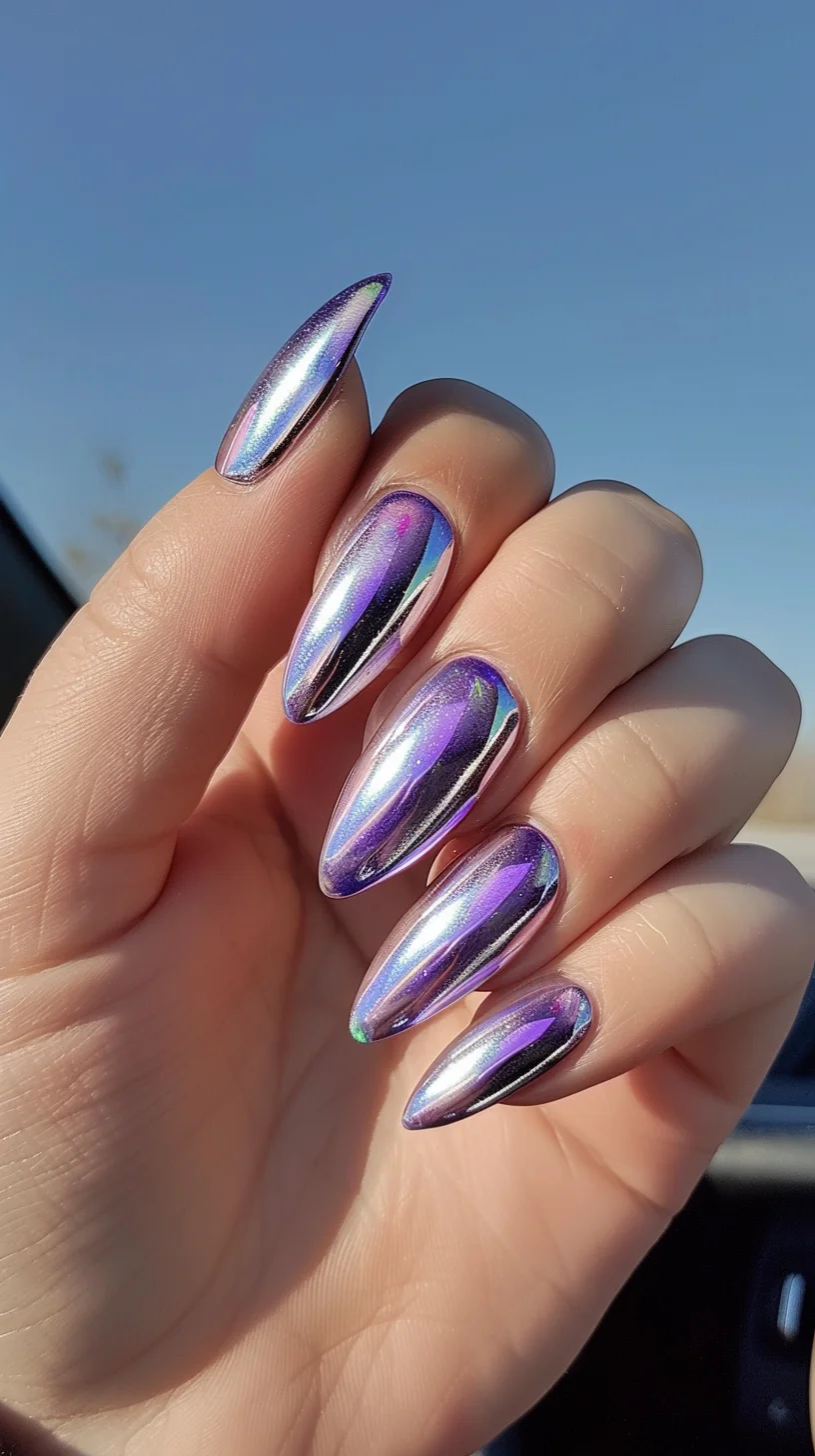 This stunning chrome nail design showcases a vibrant mix of purple and silver hues, creating a dynamic and alluring look. The almond shape adds a touch of elegance, while the glossy, high-shine finish ensures a head-turning effect. Perfect for adding a pop of color and sophistication to your style.