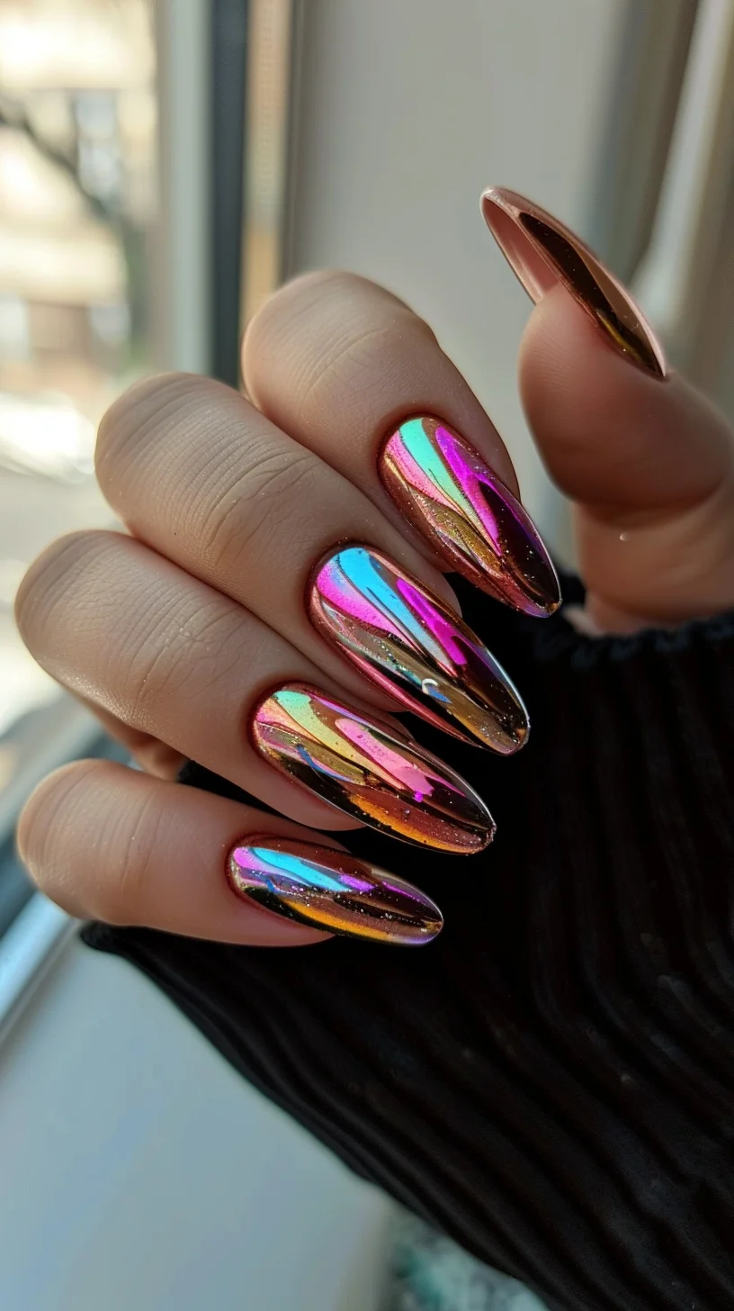 This design features a vibrant chrome finish with a dazzling blend of pink, orange, and blue hues. The high-shine, reflective surface creates a mesmerizing, almost holographic effect, while the almond shape adds a touch of elegance. Perfect for those who love a bold and eye-catching manicure.