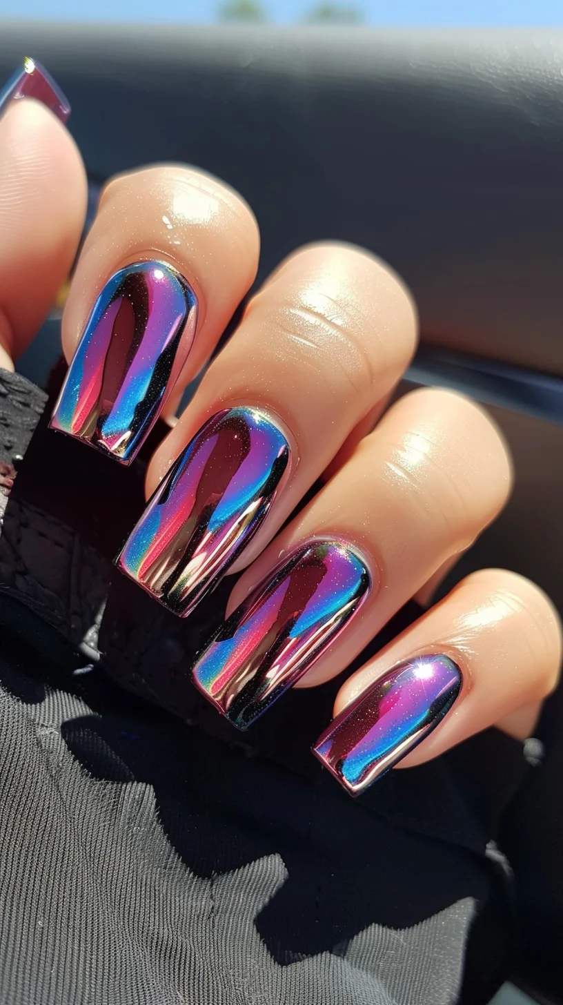 These nails showcase a striking chrome effect with a dramatic gradient from deep blue to hot pink. The square shape adds a modern touch, while the glossy, mirror-like finish ensures a sleek and polished look. Ideal for anyone wanting to make a bold and chic fashion statement with their nails.