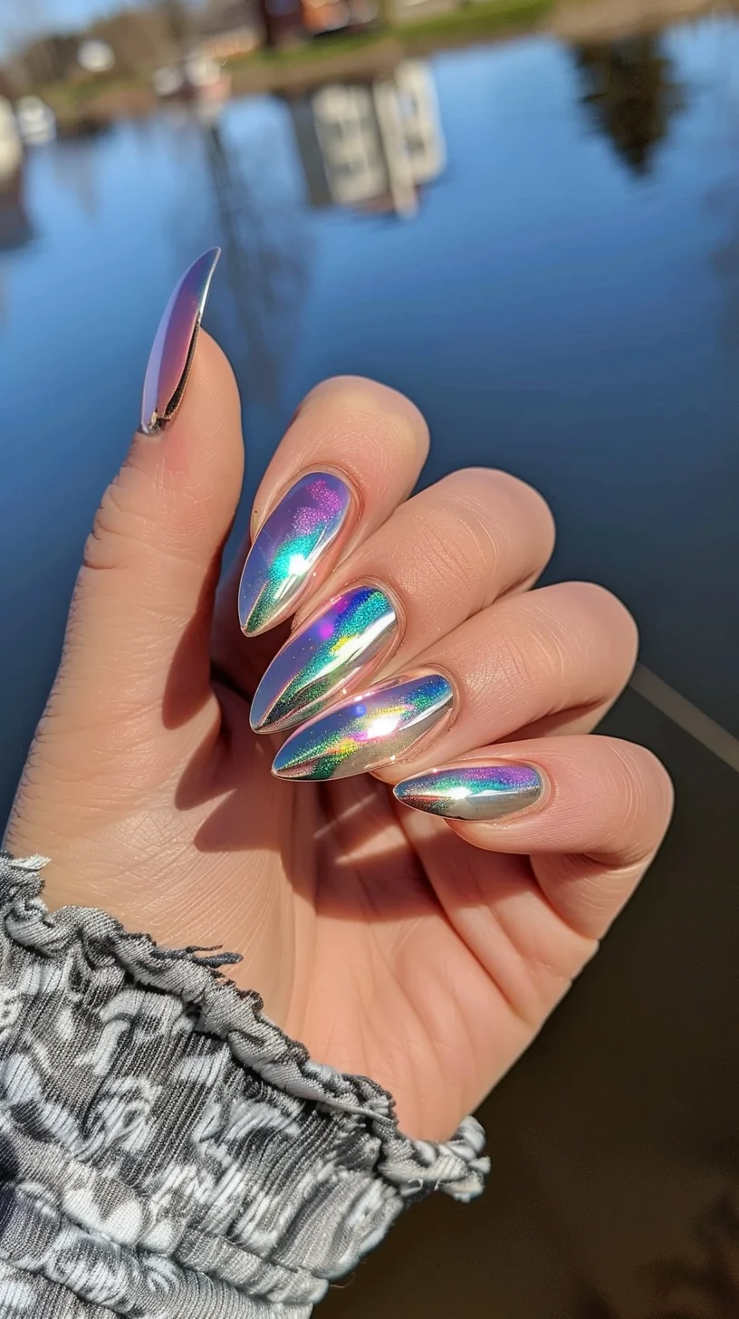 This stunning chrome nail design boasts an iridescent finish with a beautiful blend of green, pink, and silver. The elongated almond shape enhances the futuristic vibe, while the high-shine surface ensures a captivating, reflective effect. Perfect for adding a touch of glamor and sophistication to any look.