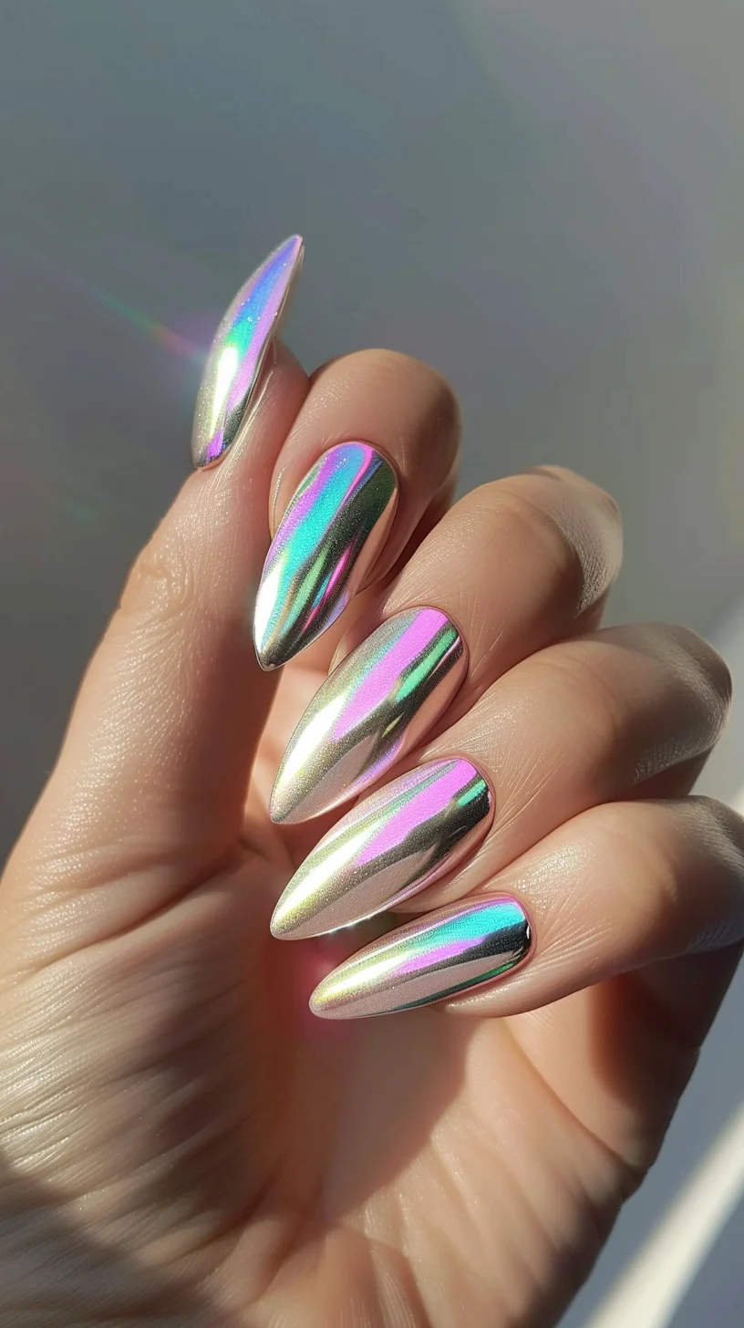 This stunning chrome nail design features a radiant blend of green and pink hues, creating a mesmerizing iridescent effect. The high-shine, reflective surface adds a touch of glamor, while the elongated almond shape enhances the overall elegance. Perfect for making a sophisticated and eye-catching statement.