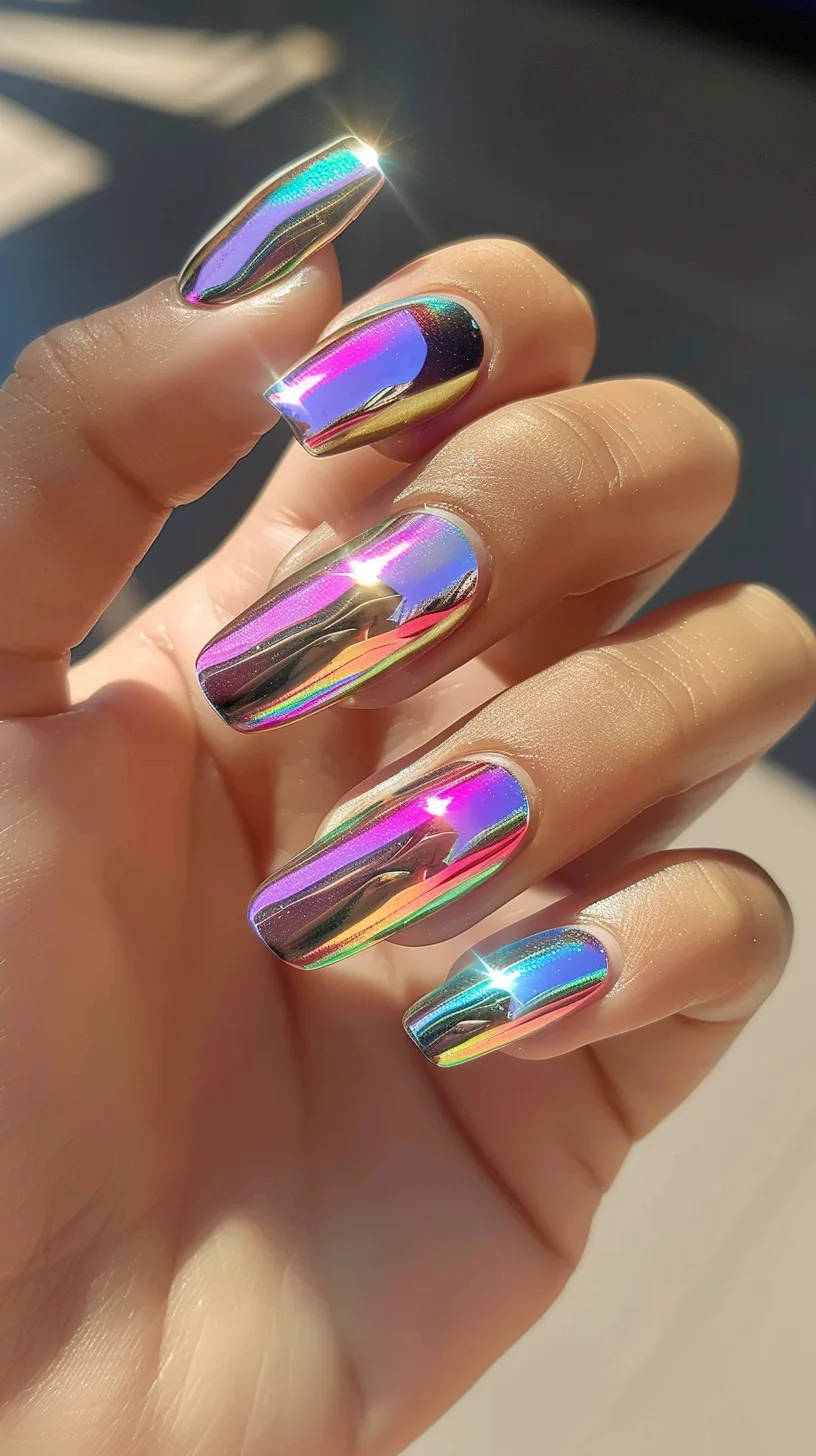 These nails showcase a vibrant chrome finish with a dazzling mix of pink, blue, and gold hues. The square shape adds a modern touch, while the glossy, mirror-like surface ensures a captivating, high-shine look. Ideal for those who want to make a bold and stylish impact with their manicure.