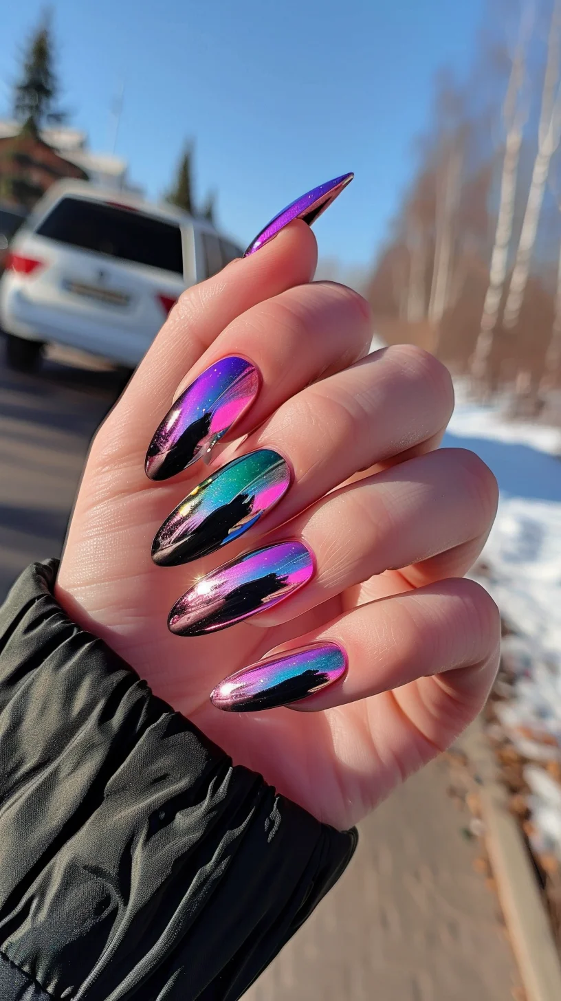 This captivating chrome nail design features a dramatic gradient of black, pink, and blue, creating a stunning reflective effect. The almond shape adds a touch of sophistication, while the high-gloss finish ensures a sleek and polished look.