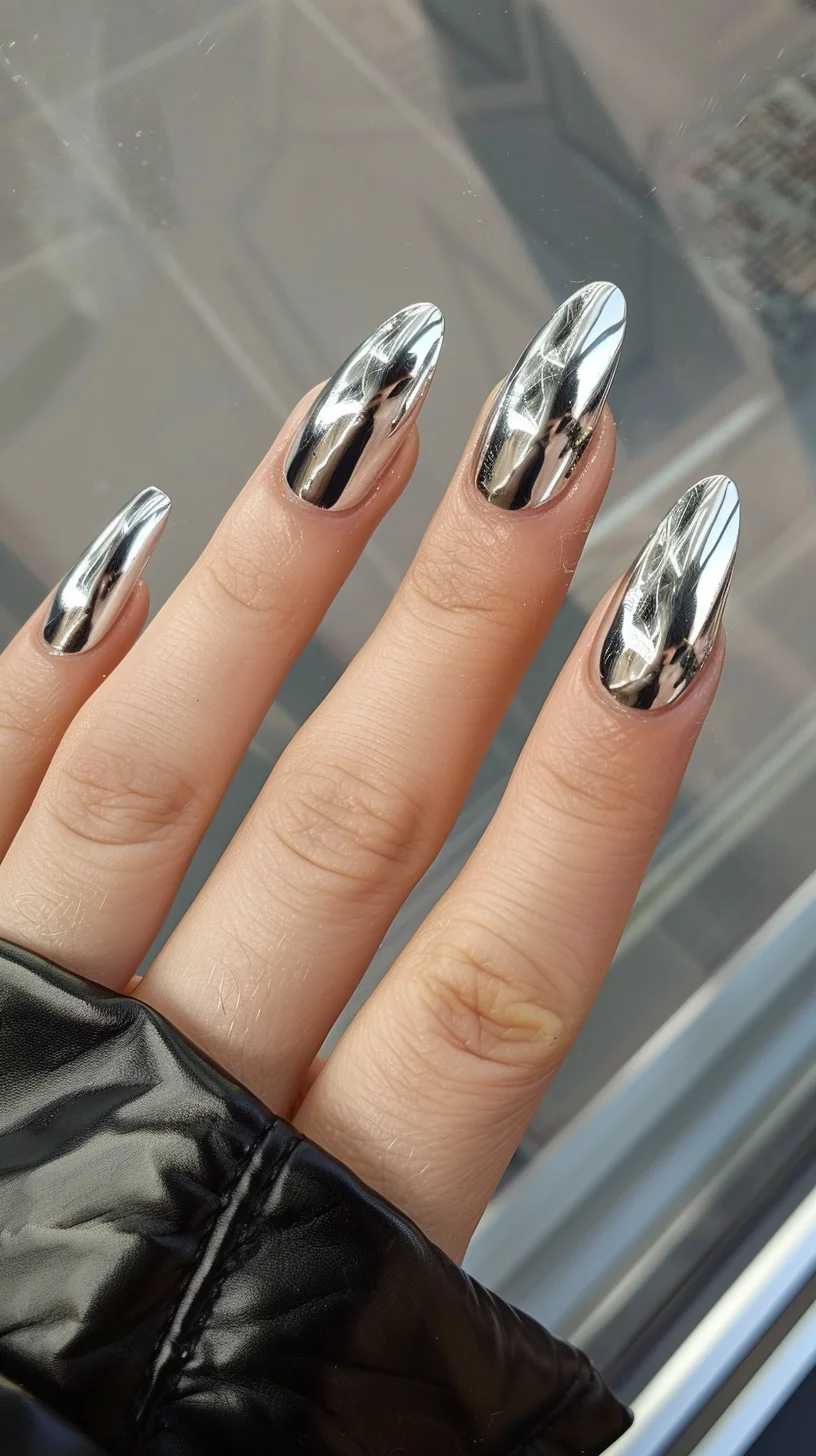 These nails feature a sleek silver chrome finish, offering a mirror-like reflective surface that exudes sophistication and modernity. The elongated almond shape adds an elegant touch, making this design perfect for those who want a minimalistic yet striking look that stands out effortlessly.