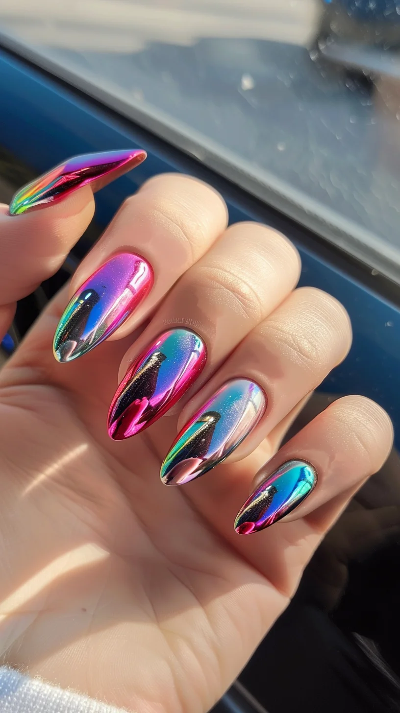 These nails showcase an exquisite chrome finish with a dynamic gradient of metallic hues. The sharp, elongated shape enhances the futuristic vibe, while the smooth transition between colors adds depth and dimension. This look is perfect for those who love to make a statement with their nail art.