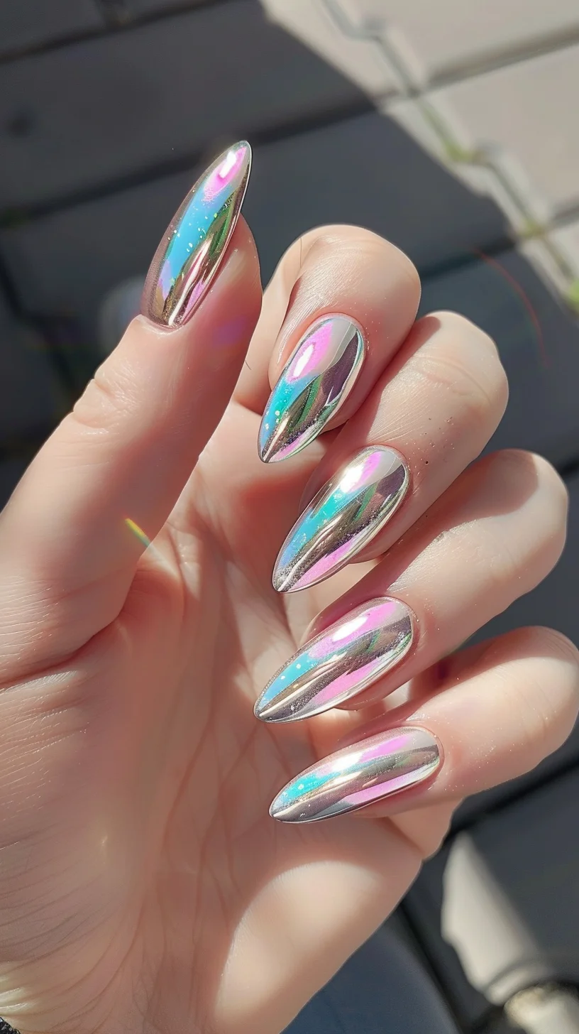 This design showcases a beautiful blend of pink, blue, and silver hues, creating a mesmerizing chrome effect. The high-shine, reflective finish enhances the vibrant colors, while the almond shape provides a touch of elegance. Ideal for anyone looking to add a pop of color and glamor to their nails.