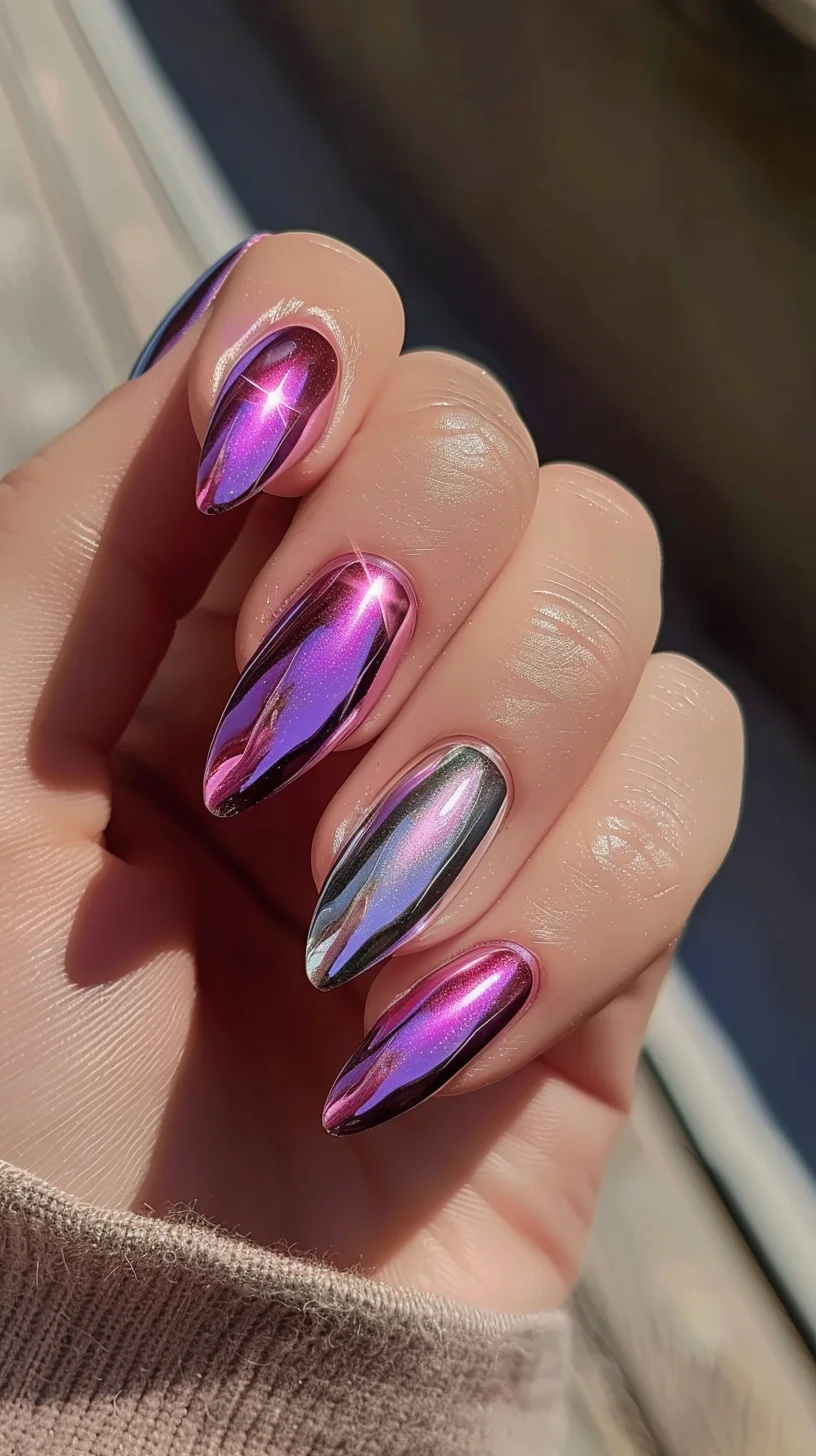 A captivating chrome nail design that features a gradient of pink and purple hues, creating a stunning, reflective finish. The almond shape adds a sophisticated touch, while the high-gloss surface ensures a sleek and polished look.