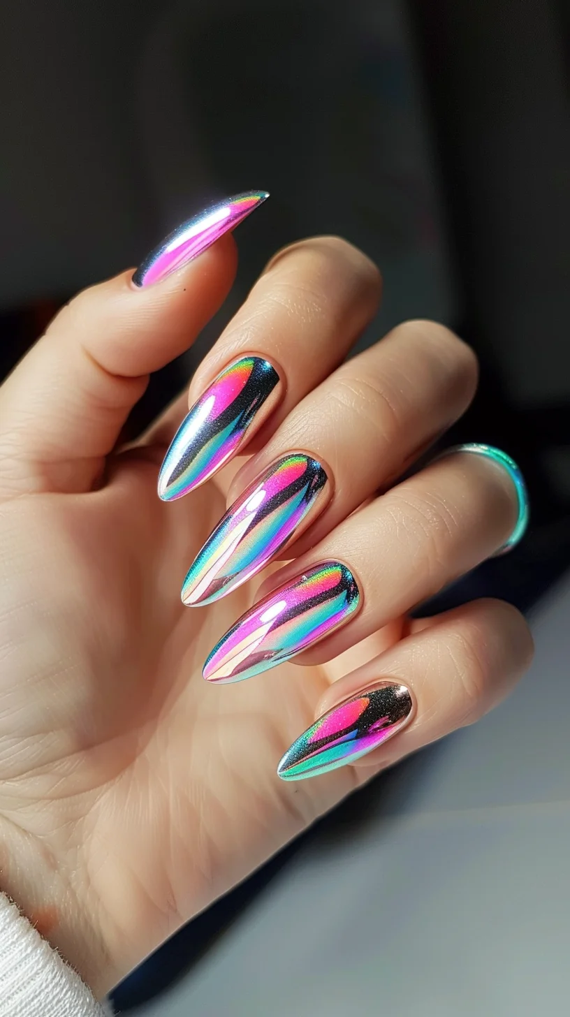 A chic and edgy chrome design that combines a sleek metallic finish with a stunning color shift from green to pink. The square-shaped nails offer a modern twist to the classic chrome look, making them perfect for anyone wanting to elevate their style with a touch of glamor and sophistication.