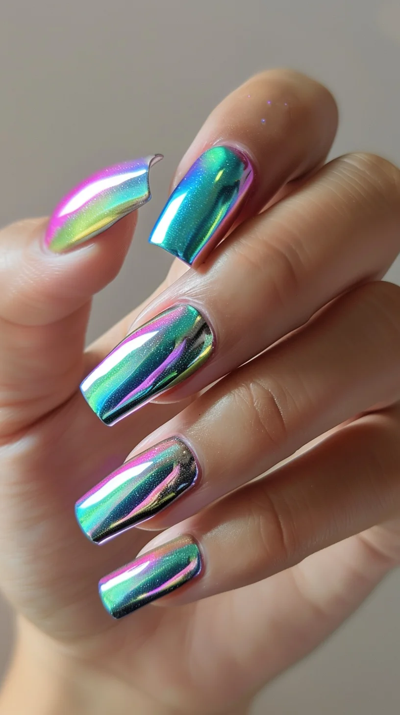 These chrome nails feature a captivating color shift from green to pink, creating a mesmerizing, iridescent effect. The square shape adds a modern touch, while the high-gloss finish enhances the reflective quality. Perfect for anyone looking to make a bold and stylish statement with their nails.