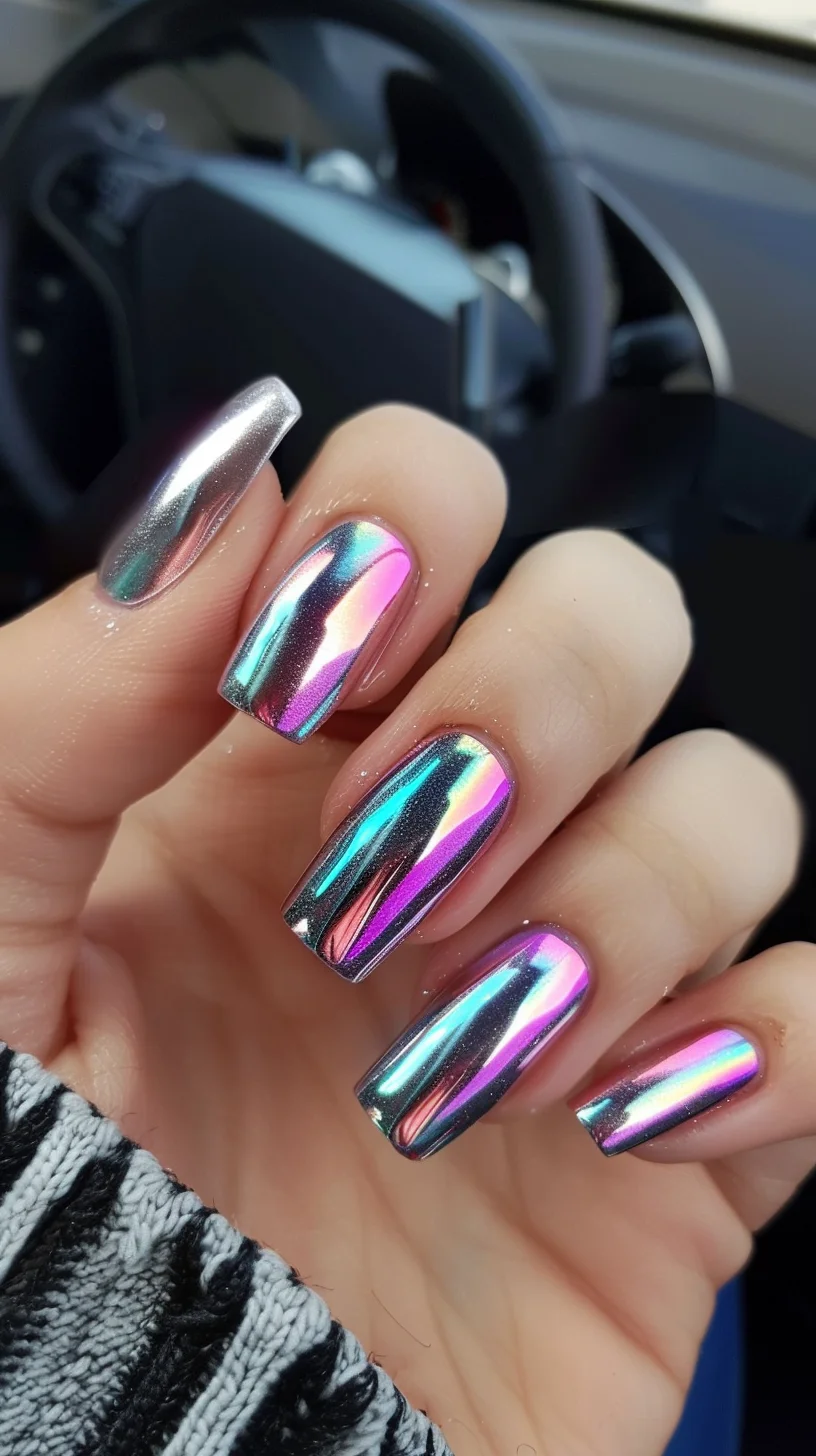 This chrome nail design showcases a stunning mirror-like finish with a gradient of metallic hues from silver to pink. The squared-off tips add a contemporary flair, making these nails perfect for anyone who loves a sophisticated and chic look with a futuristic twist.