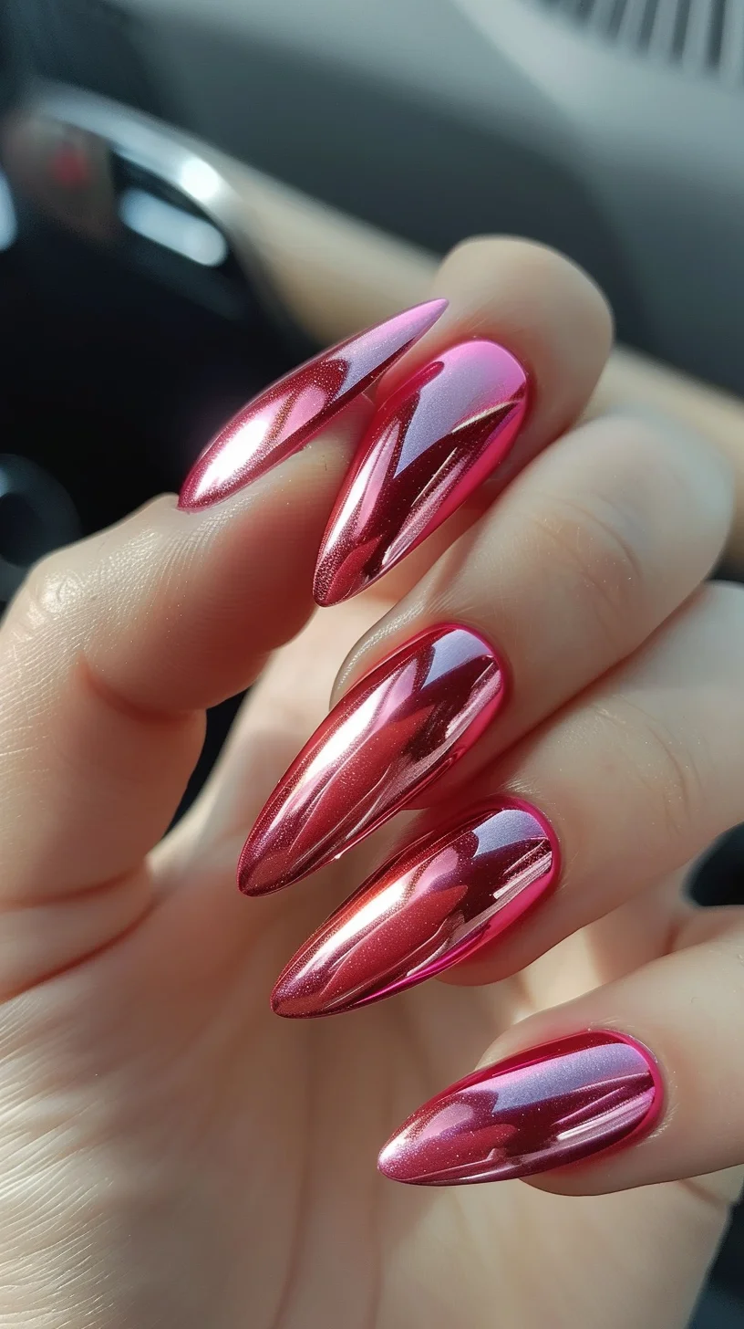 A striking red chrome finish adorns these stiletto-shaped nails, creating a bold and glamorous look. The high-shine, reflective surface amplifies the intensity of the red, making these nails perfect for those who want to make a dramatic and elegant statement with their manicure.