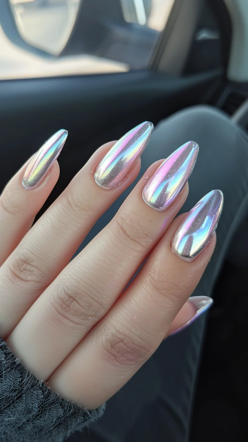 These nails showcase a subtle yet striking chrome effect with a gentle gradient from pale pink to silver. The stiletto shape adds a touch of drama, while the glossy, reflective surface gives a sleek and polished look. Ideal for those who want a chic and modern nail design that stands out.